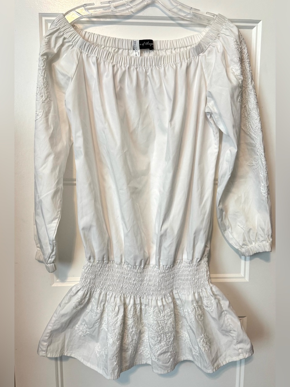 Union of Angels White Embroidered Peasant Mini Dress L Boho Off Shoulder
